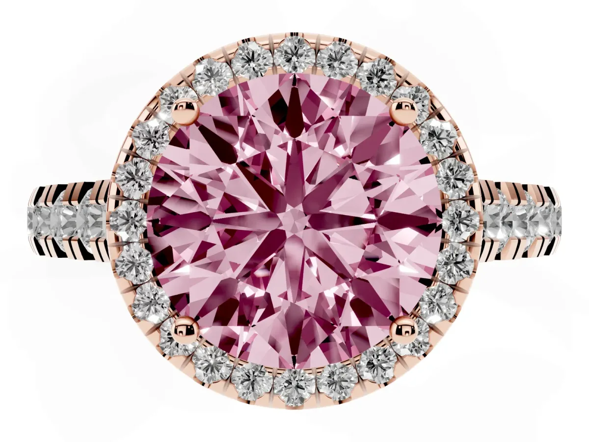 Fancy Pink Round Cut Halo Pavé Diamond Engagement Ring with Four-Prong Setting Rose gold