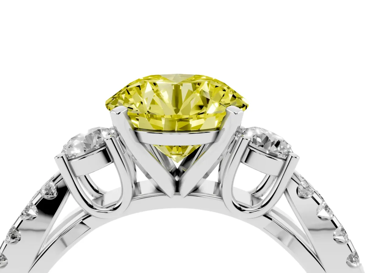 Fancy Yellow Round Cut Diamond Three-Stone Ring with Pavé Split Shank and Four-Prong Setting Silver