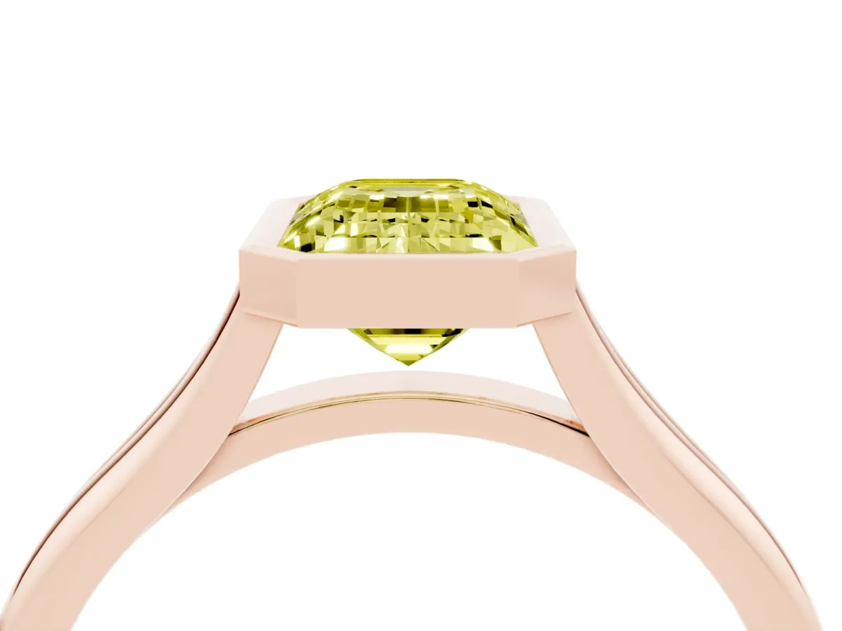 Fancy Yellow Bezel Set Emerald Cut Cut Solitaire Ring with Tapered Band Rose gold