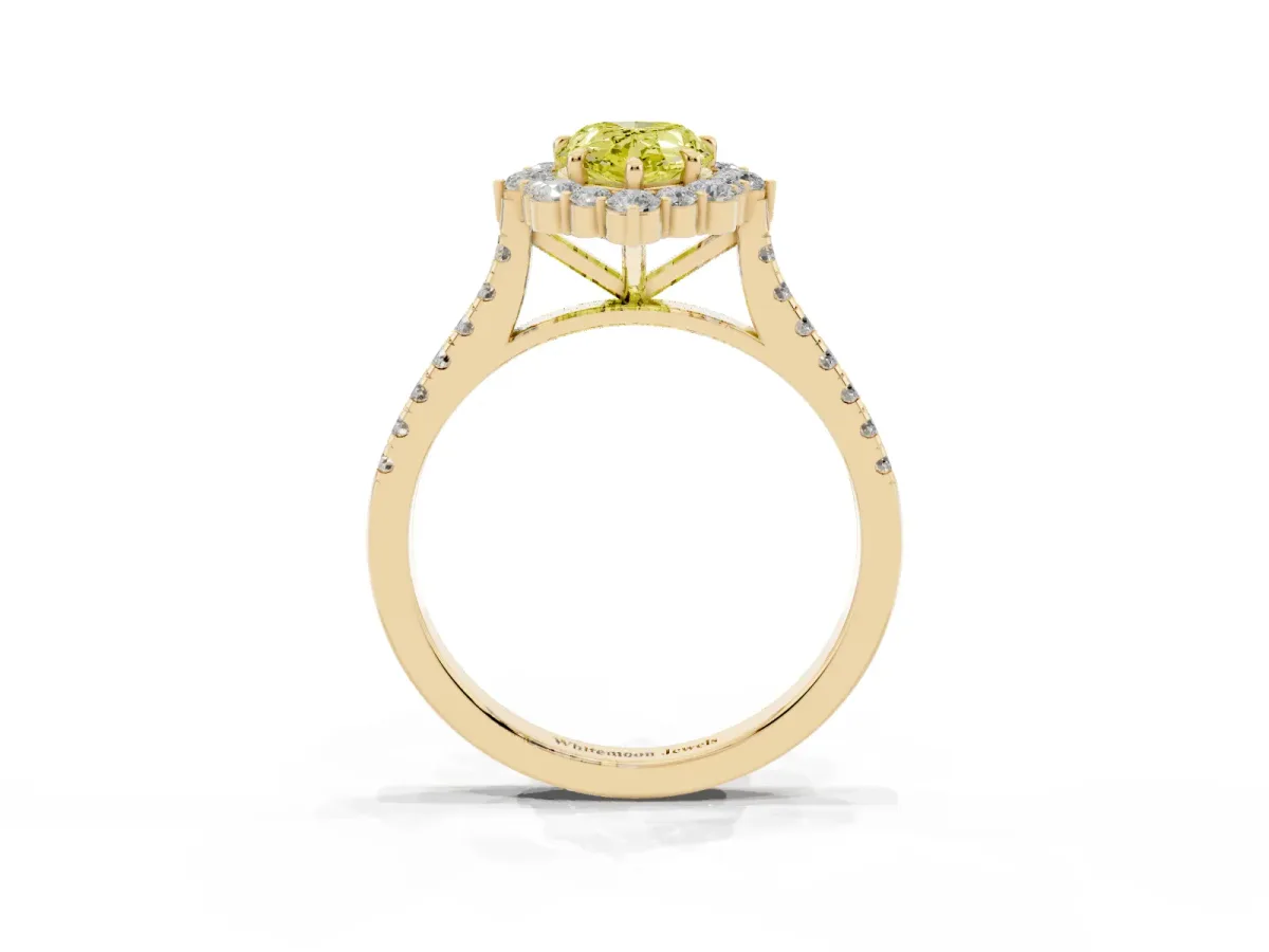 Fancy Yellow Pear Cut Halo Diamond Ring with Pavé Band and Prong Setting Yellow gold