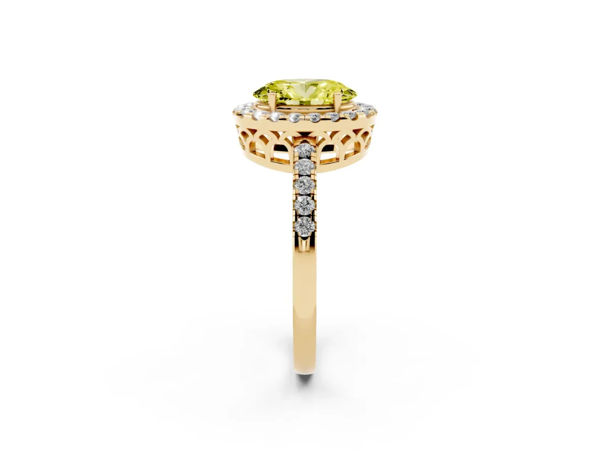 Fancy Yellow Oval Cut Halo Diamond Engagement Ring with Pavé Band and Four-Prong Setting Yellow gold