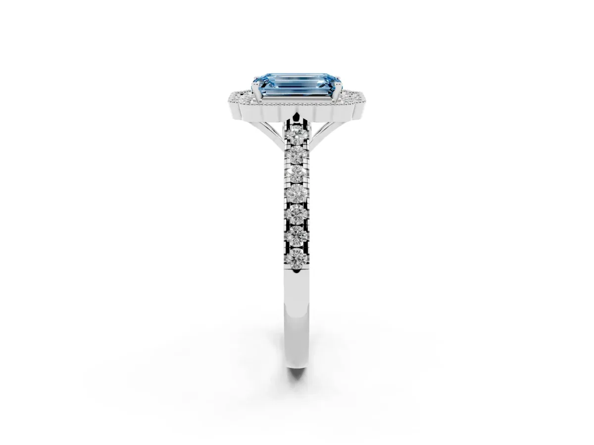 Fancy Blue Emerald Cut Cut Diamond Milgrain Floral Halo Engagement Ring with Pavé Band Silver