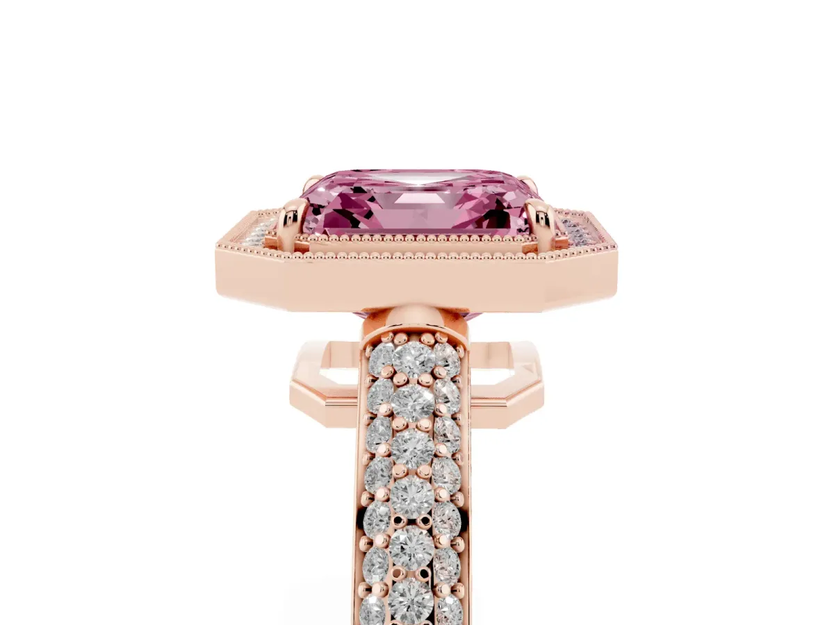 Fancy Pink Asscher Cut Cut Halo Diamond Pave Band with Four-Prong Setting Rose gold