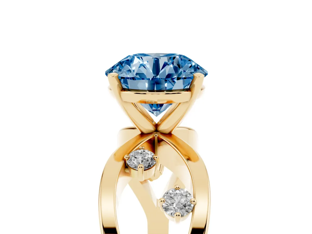Fancy Blue Round Cut Cut Solitaire Diamond with Side Stones on Criss-Cross Band and Four-Prong Setting Yellow gold