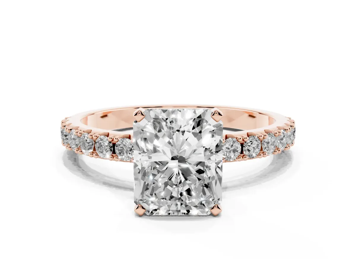 Radiant Cut Diamond Solitaire Pavé Band with Four-Prong Setting Rose gold