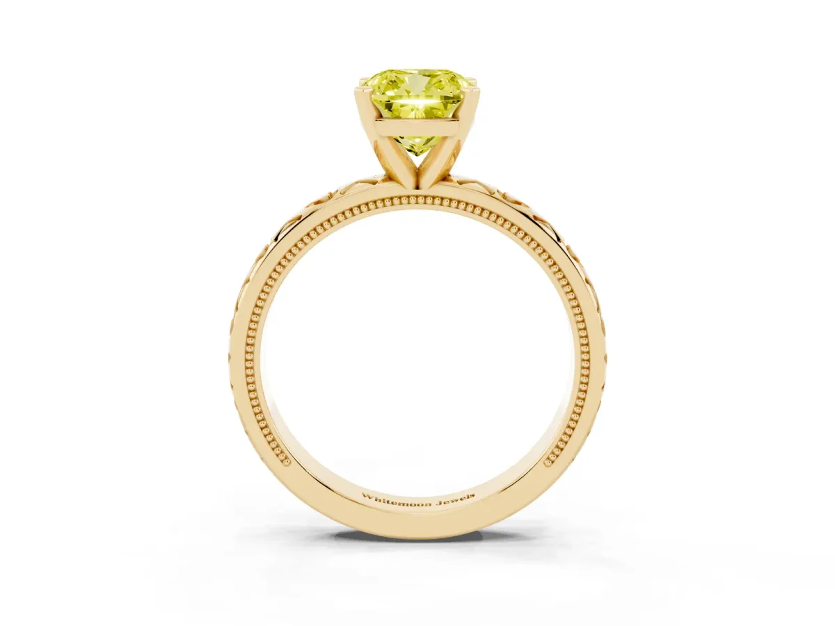 Fancy Yellow Cushion Cut Solitaire Diamond Engagement Ring with XO Engraved Band and Four-Prong Setting Yellow gold