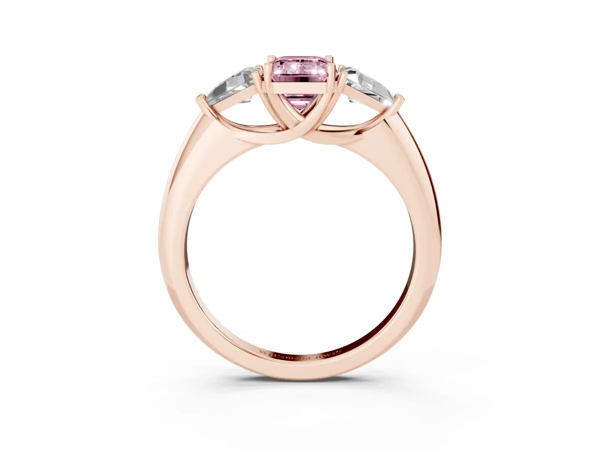 Fancy Pink Three-Stone Emerald Cut Diamond Engagement Ring with Trillion Side Stones and Prong Setting Rose gold