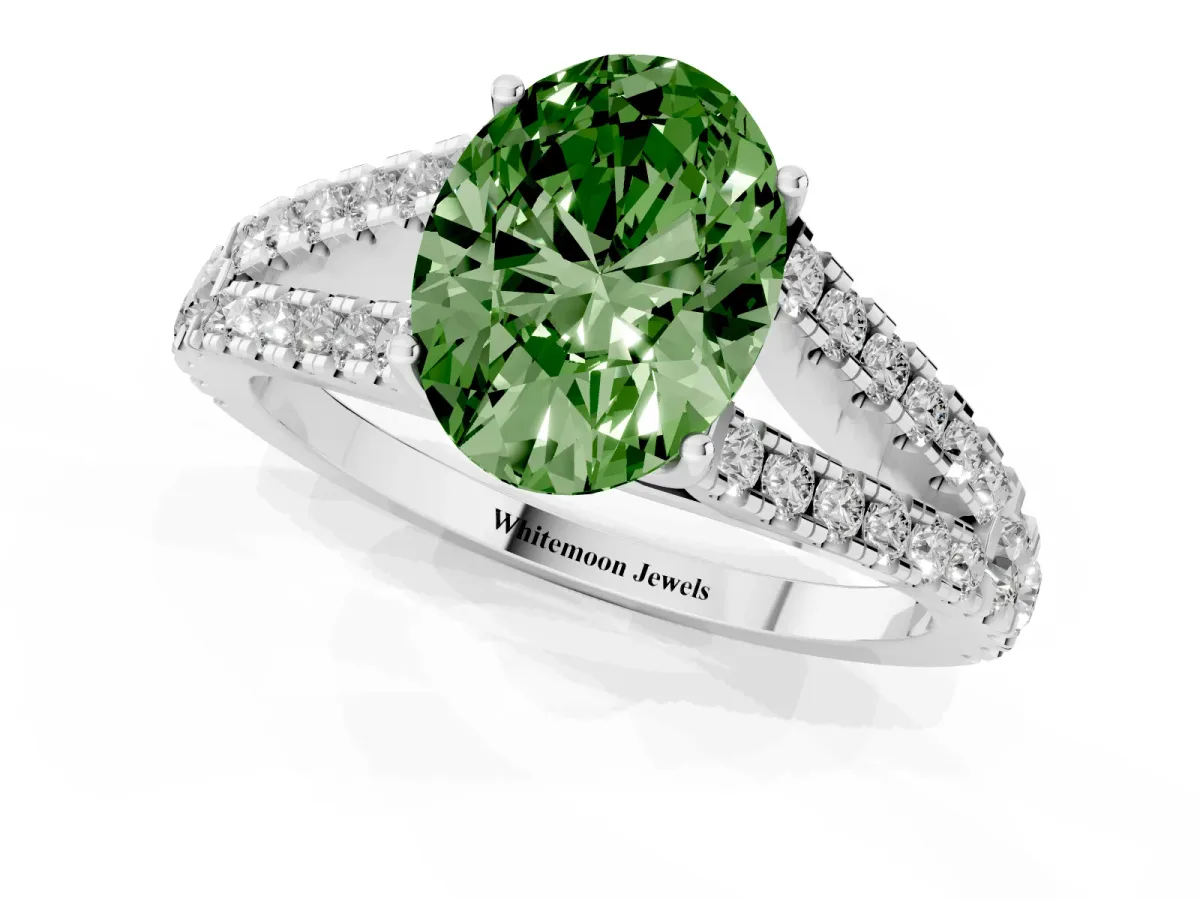 Fancy Green Oval Cut Diamond Split Shank Pavé Engagement Ring with Four-Prong Setting White gold