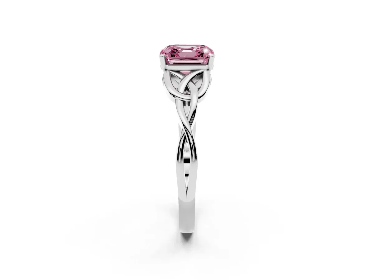 Fancy Pink Asscher Cut Diamond Solitaire Engagement Ring with Celtic Knot Band and Four-Prong Setting Silver