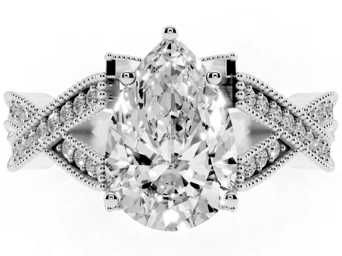 Pear Cut Cut Diamond Twisted Band with Milgrain Pave Setting and Four-Prong Setting Platinum