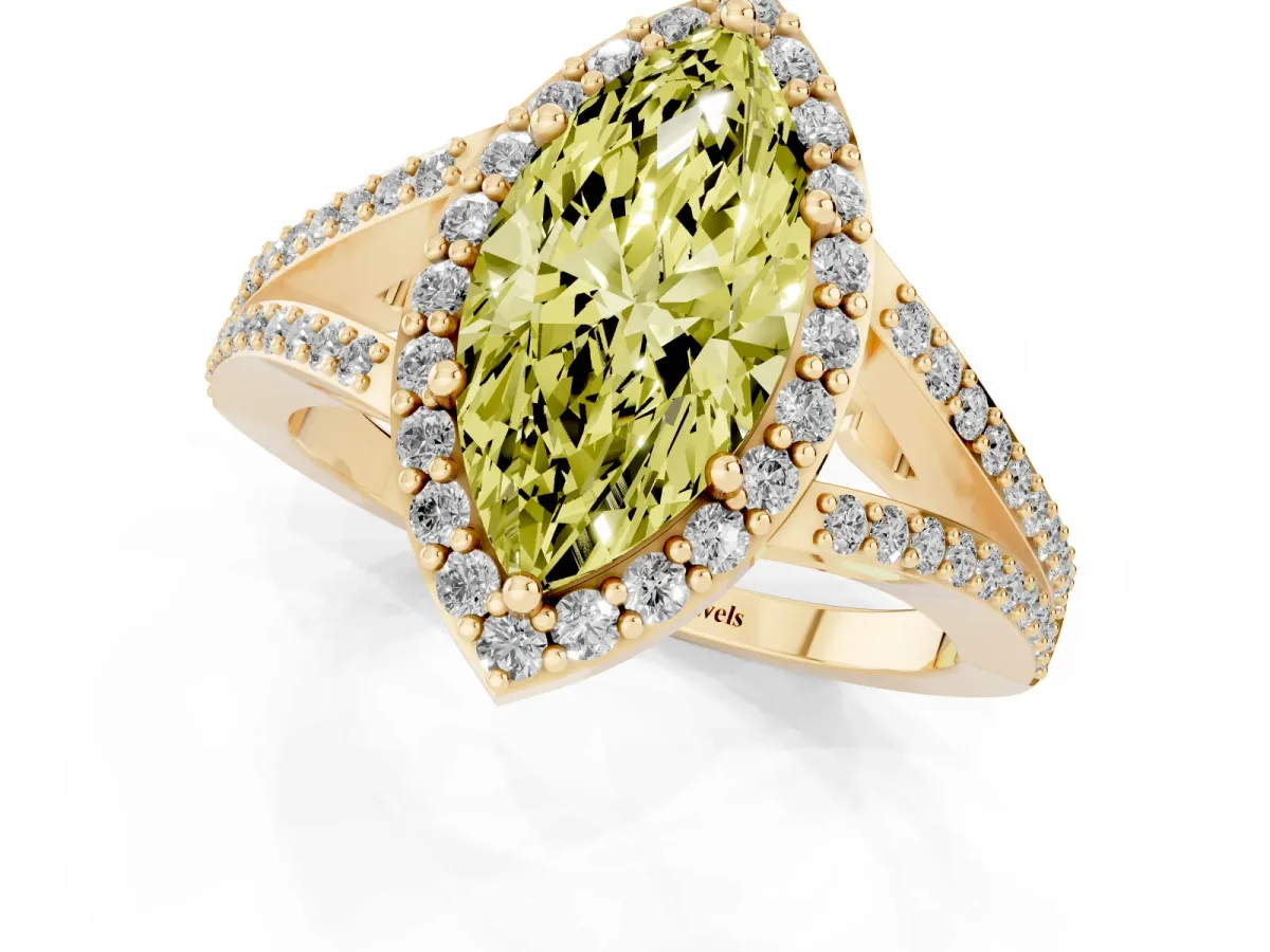 Fancy Yellow Marquise Cut Halo Split Shank Pave Diamond Ring with Four-Prong Setting Yellow gold