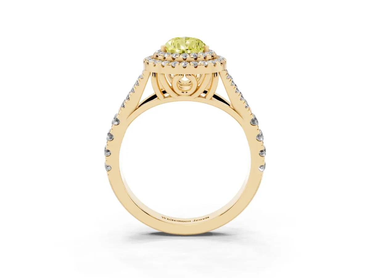 Fancy Yellow Pear Cut Diamond Pavé Split Shank Double Halo Engagement Ring Yellow gold
