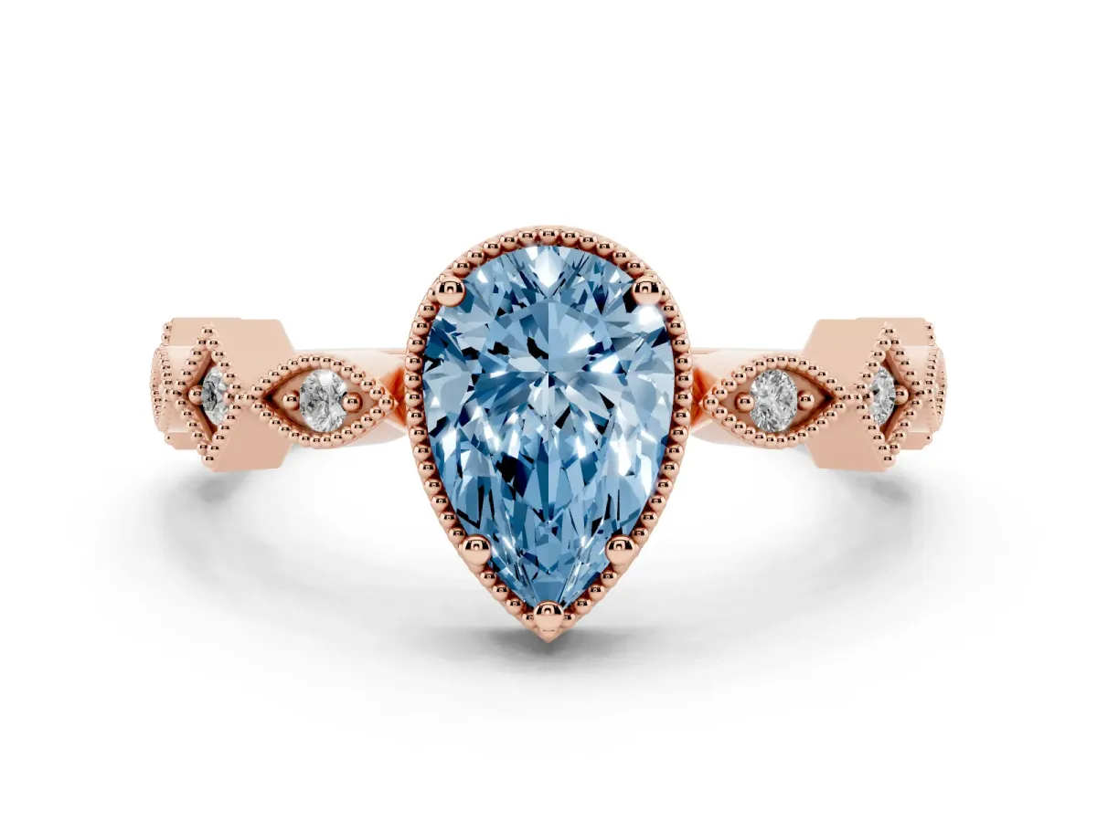 Fancy Blue Pear Cut Milgrain Marquise Diamond Twist Band Ring Rose gold
