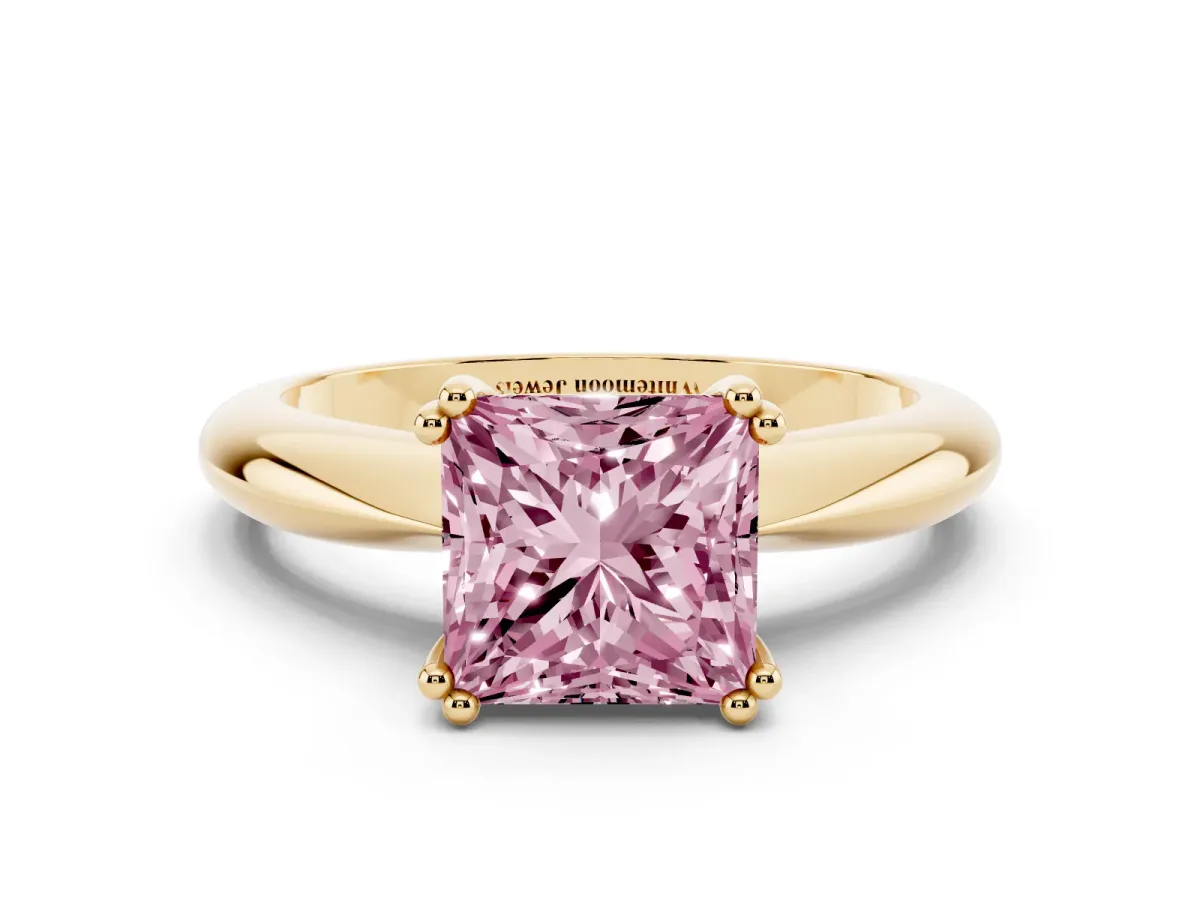 Fancy Pink Princess Cut Cut Solitaire Engagement Ring with Tapered Band and Four-Prong Setting Yellow gold
