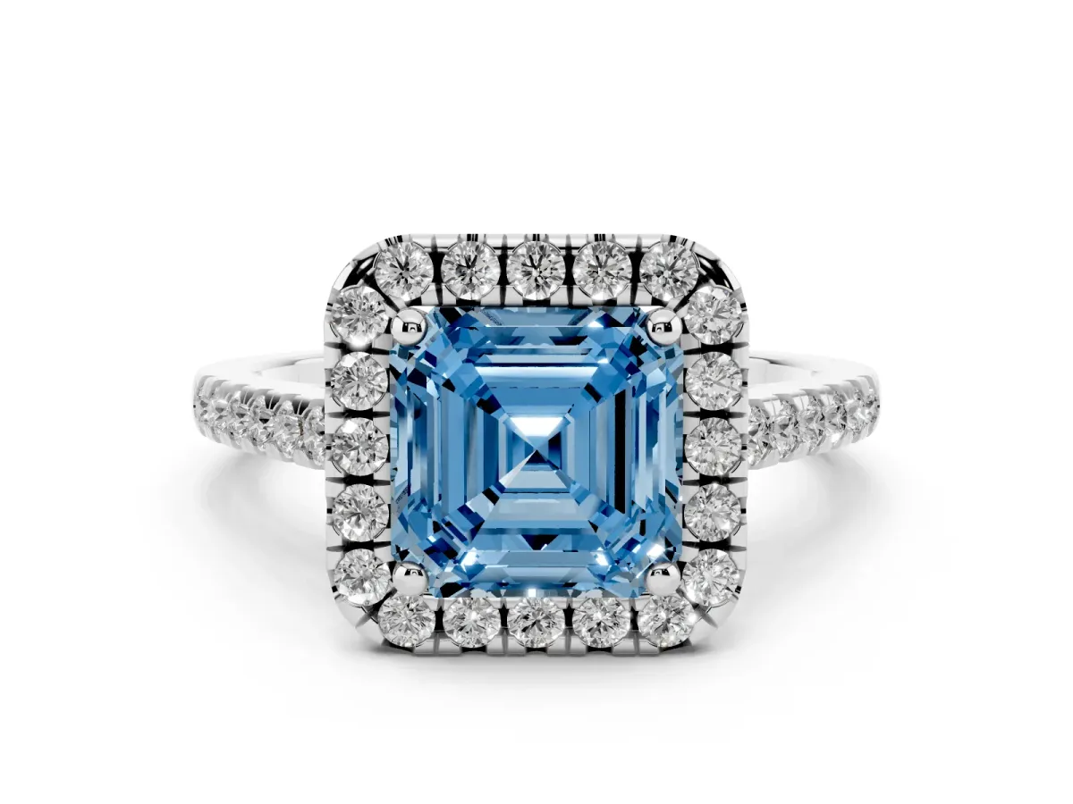 Fancy Blue Asscher Cut Halo Pavé Diamond Engagement Ring with Four-Prong Setting Silver