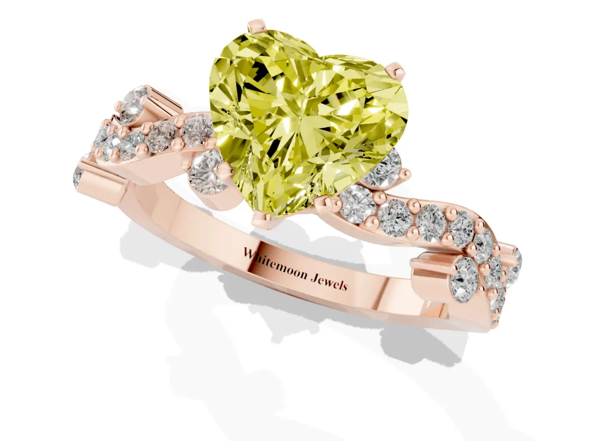 Fancy Yellow Heart Cut Cut Solitaire Diamond Twisted Band with Pave Setting Rose gold