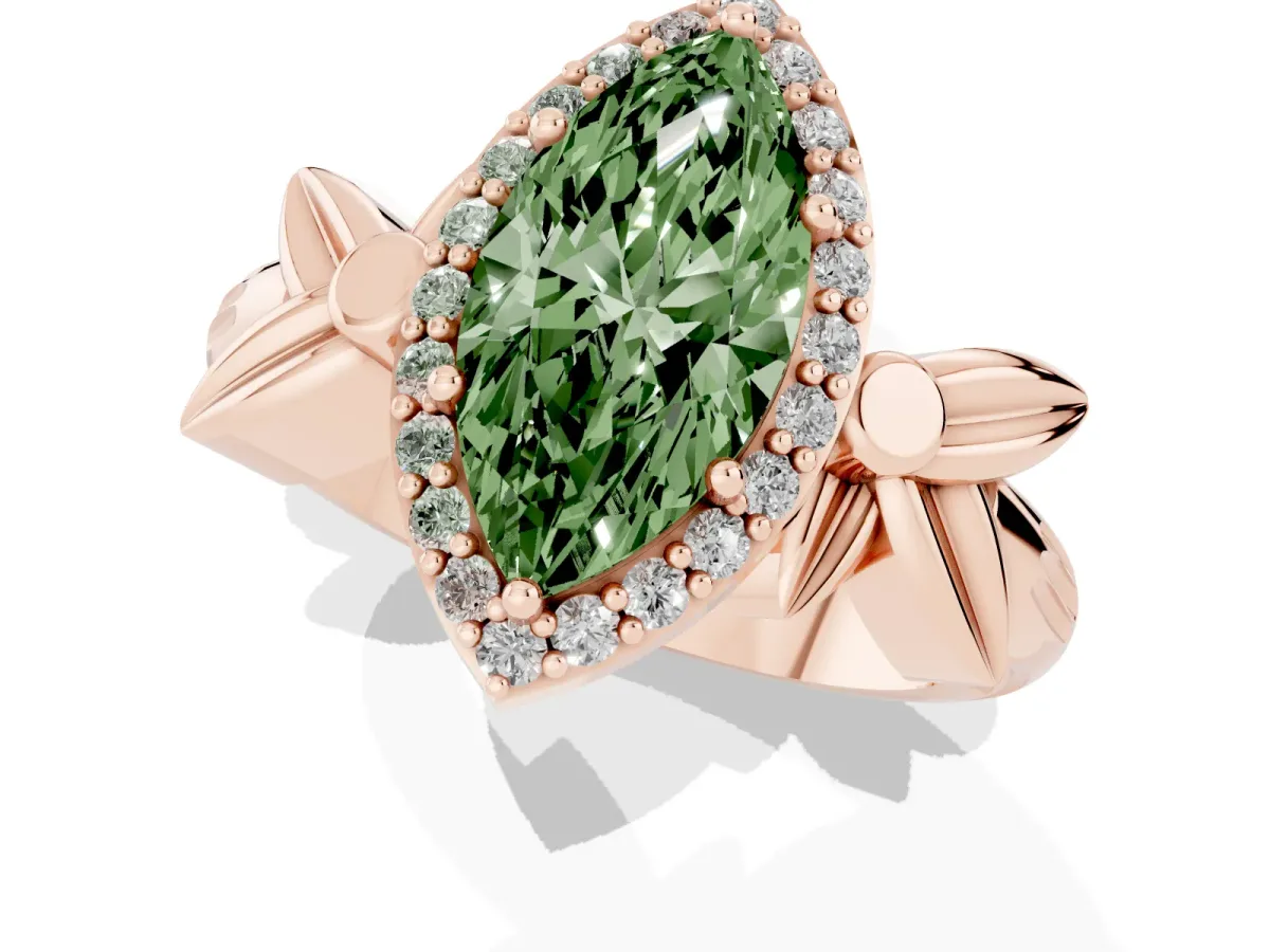 Fancy Green Marquise Cut Halo Diamond Floral Band with Four-Prong Setting Rose gold