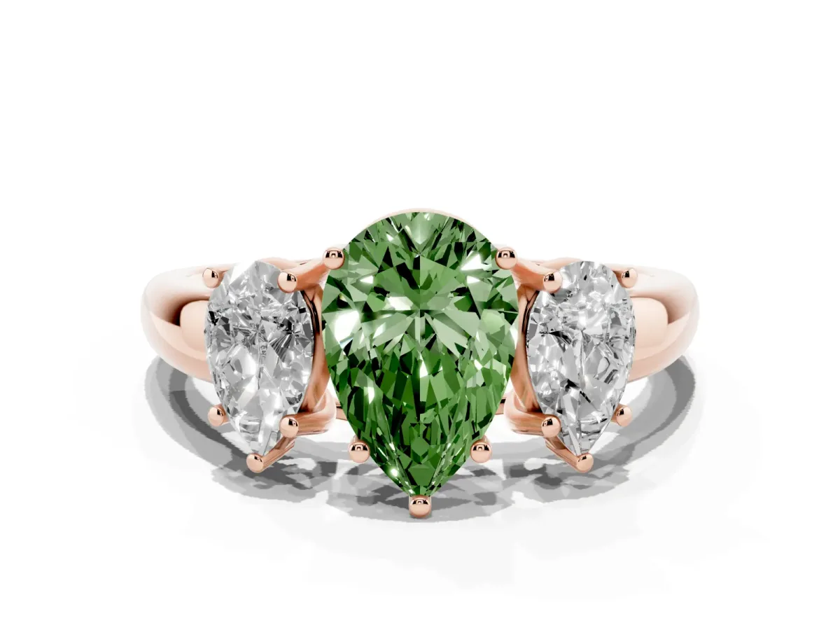 Fancy Green Three-Stone Pear Cut Diamond Engagement Ring with Prong Setting Rose gold