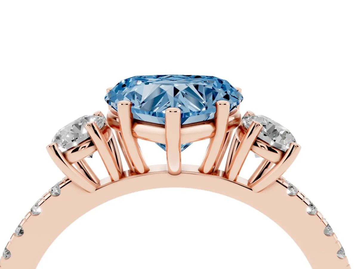 Fancy Blue Three-Stone Heart Cut Cut Diamond Pavé Band with Prong Setting Rose gold