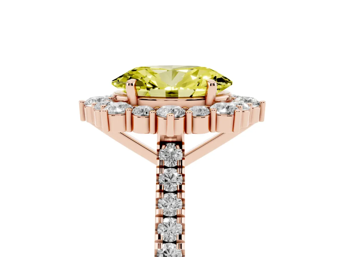 Fancy Yellow Oval Cut Halo Diamond Ring with Pavé Band and Prong Setting Rose gold