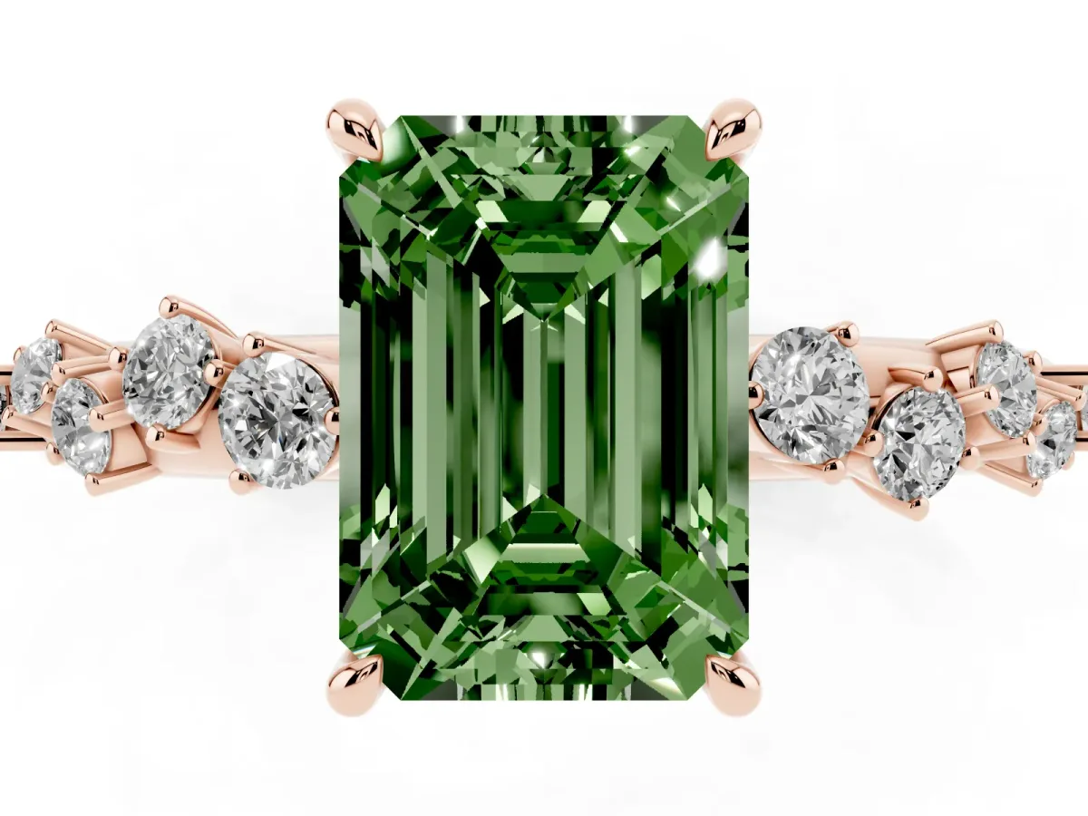 Fancy Green Emerald Cut Diamond Cluster Side Stone Solitaire Ring with Prong Setting Rose gold