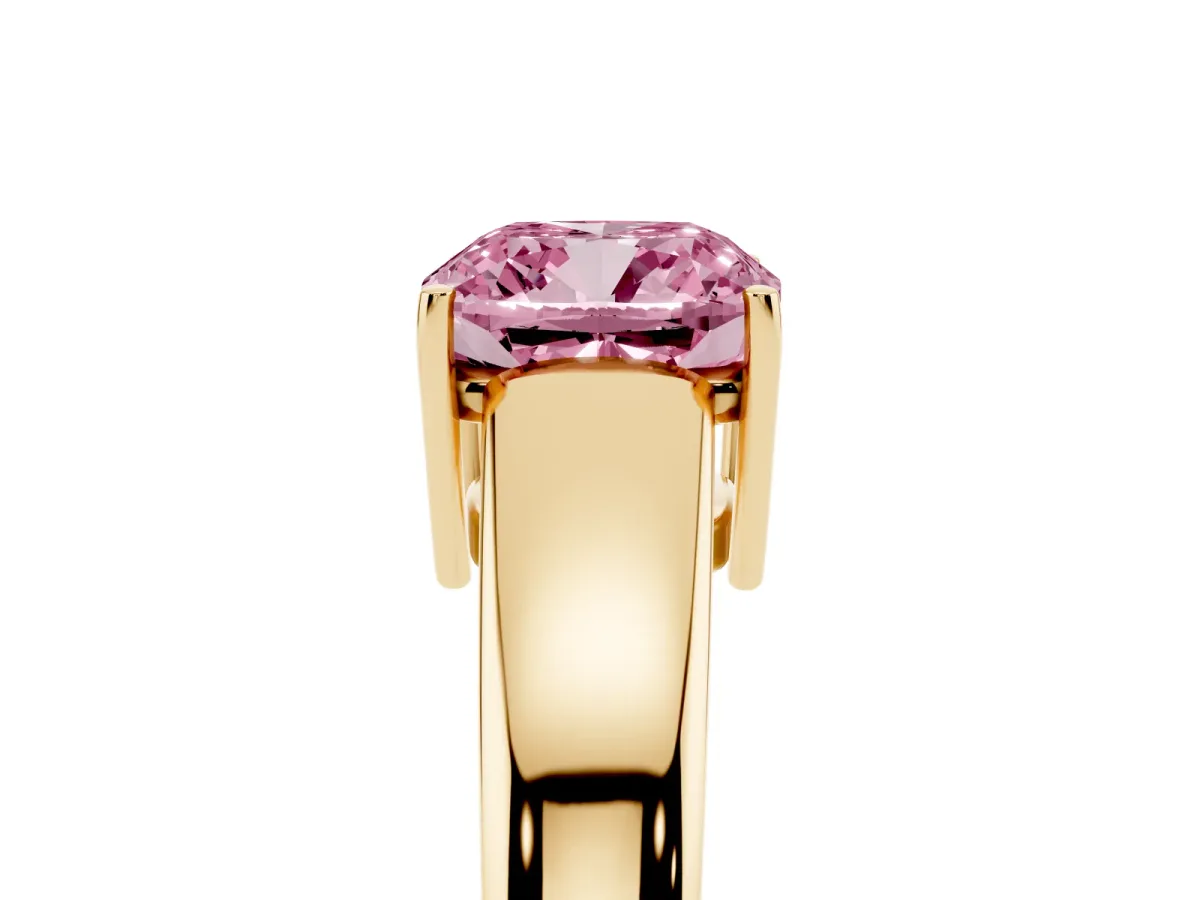 Fancy Pink Cushion Cut Solitaire Diamond Ring with Tapered Band and Four-Prong Setting Yellow gold