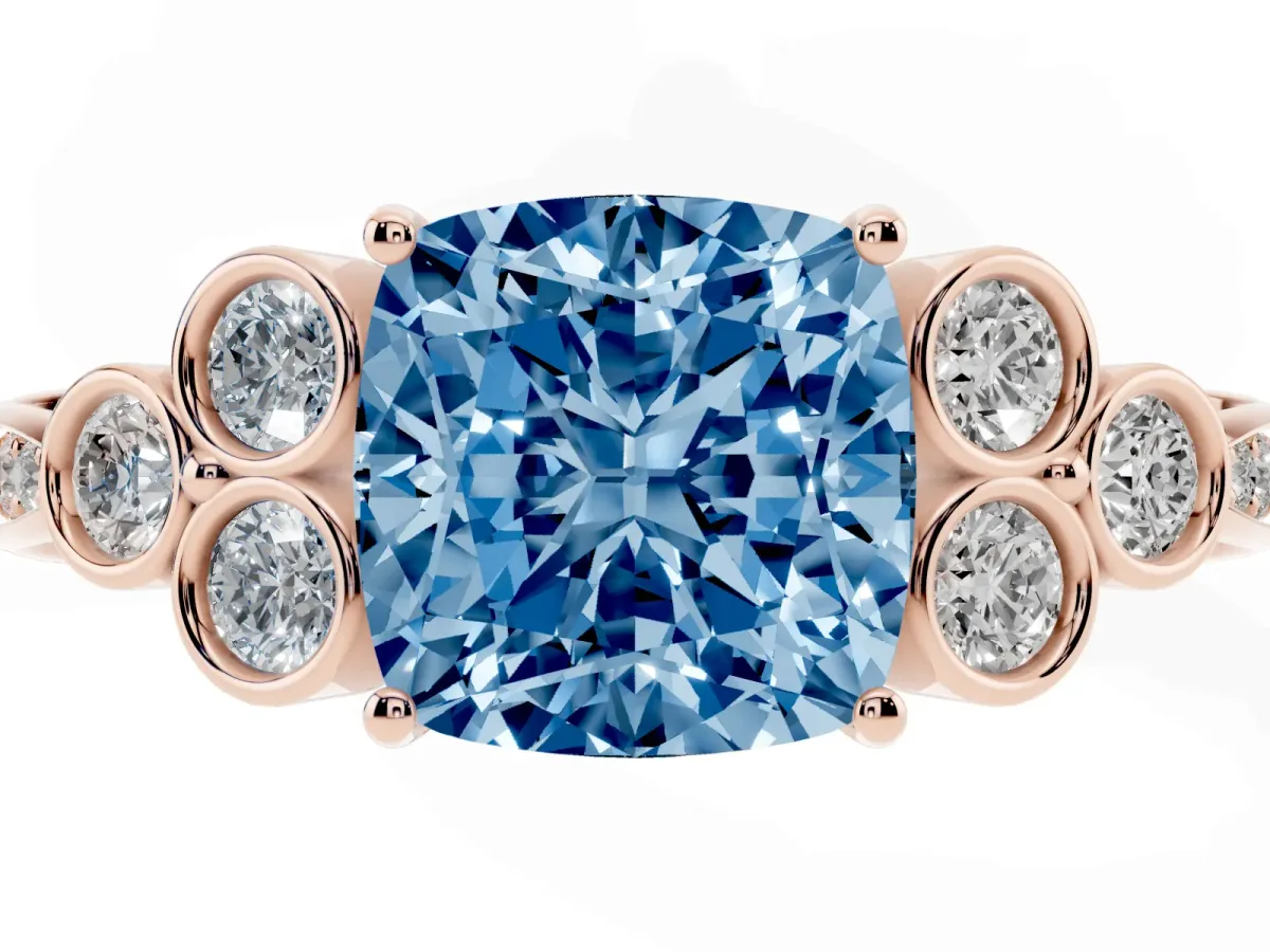 Fancy Blue Cushion Cut Cut Diamond Engagement Ring with Bezel Set Round Side Stones and Prong Setting Rose gold