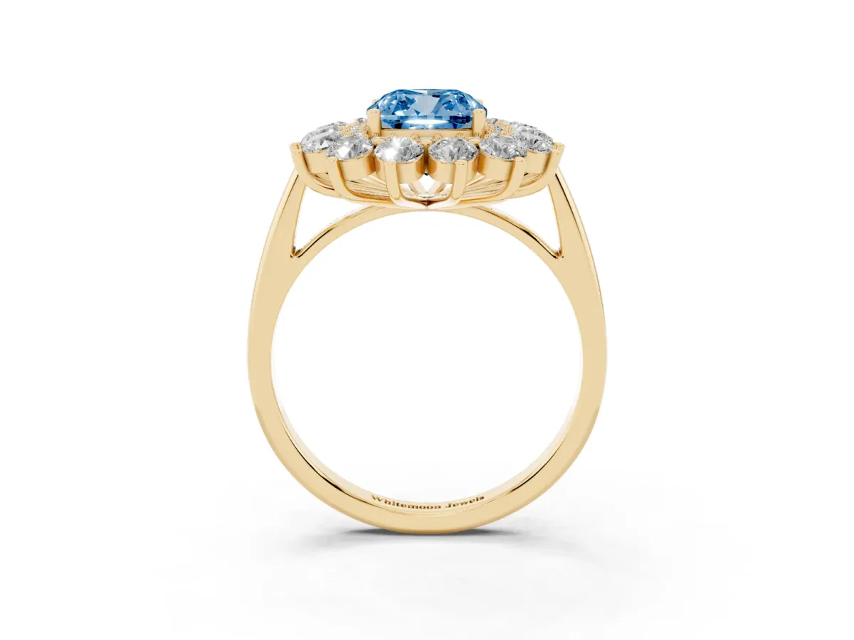 Fancy Blue Cushion Cut Diamond Floral Double Halo Engagement Ring with Prong Setting Yellow gold
