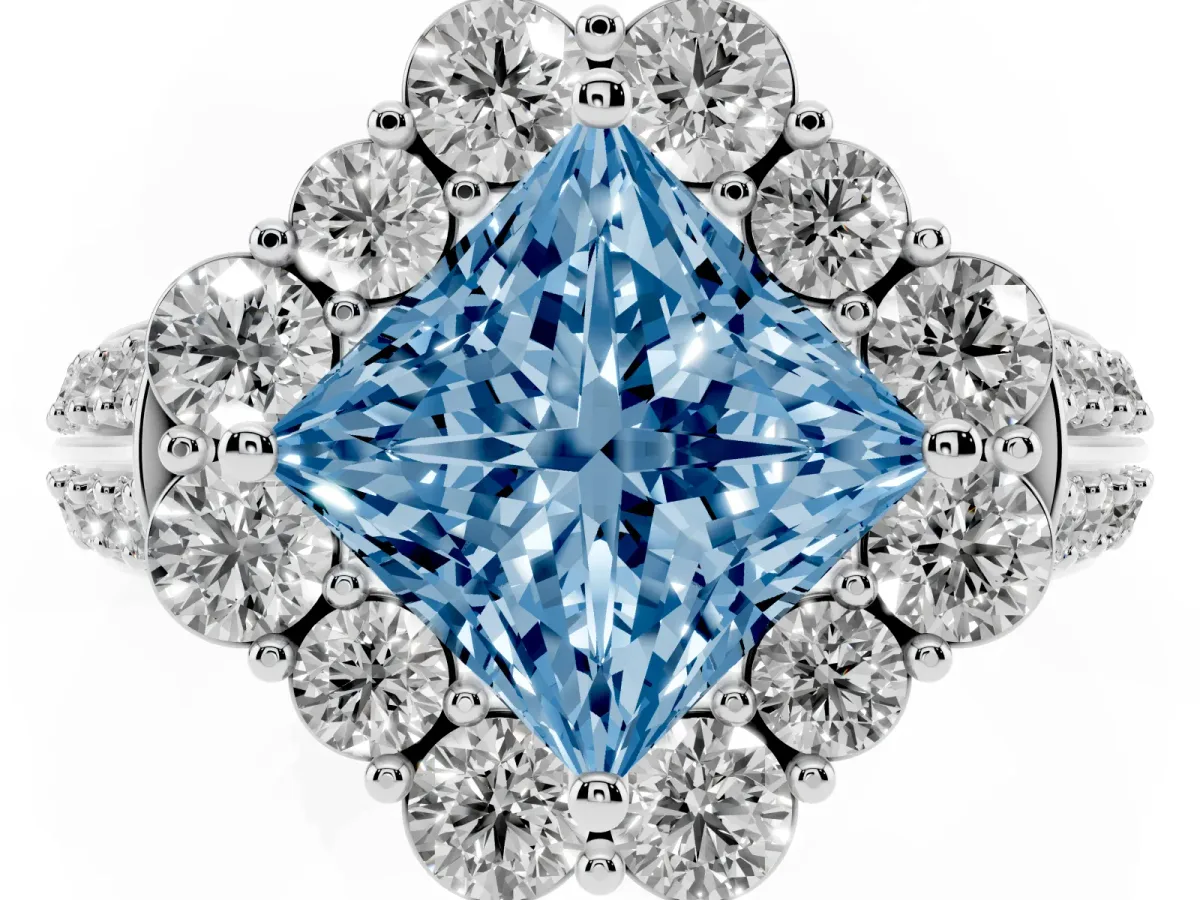 Fancy Blue Princess Cut Halo Diamond Engagement Ring with Split Shank and Prong Setting Silver