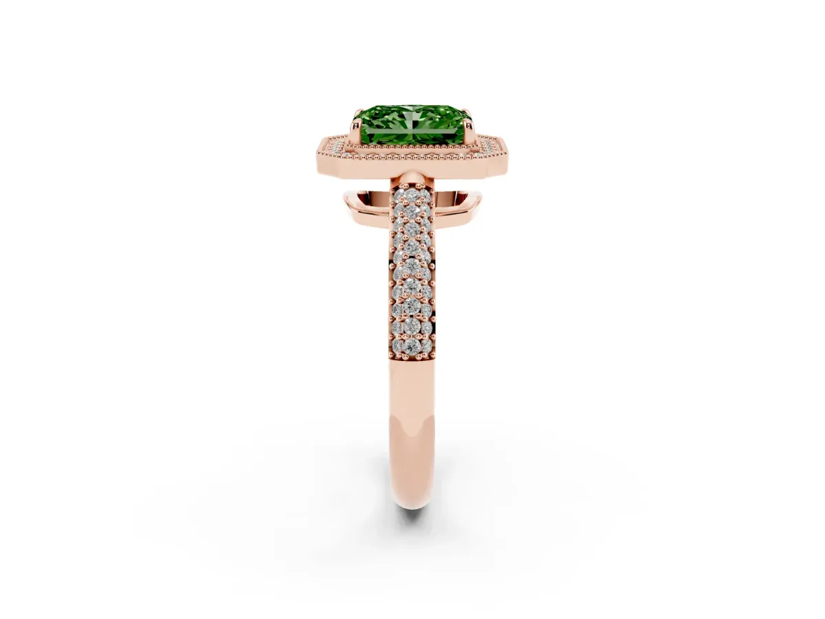 Fancy Green Radiant Cut Cut Halo Diamond Pave Band with Four-Prong Setting Rose gold