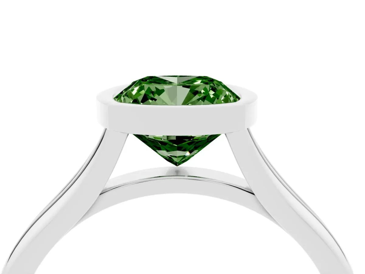 Fancy Green Bezel Set Cushion Cut Cut Solitaire Ring with Tapered Band Silver