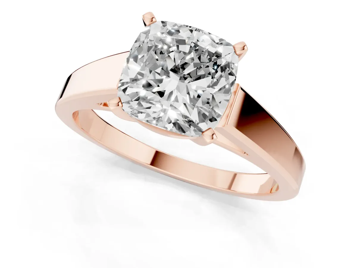 Cushion Cut Solitaire Engagement Ring with Four-Prong Setting and Tapered Band Rose gold