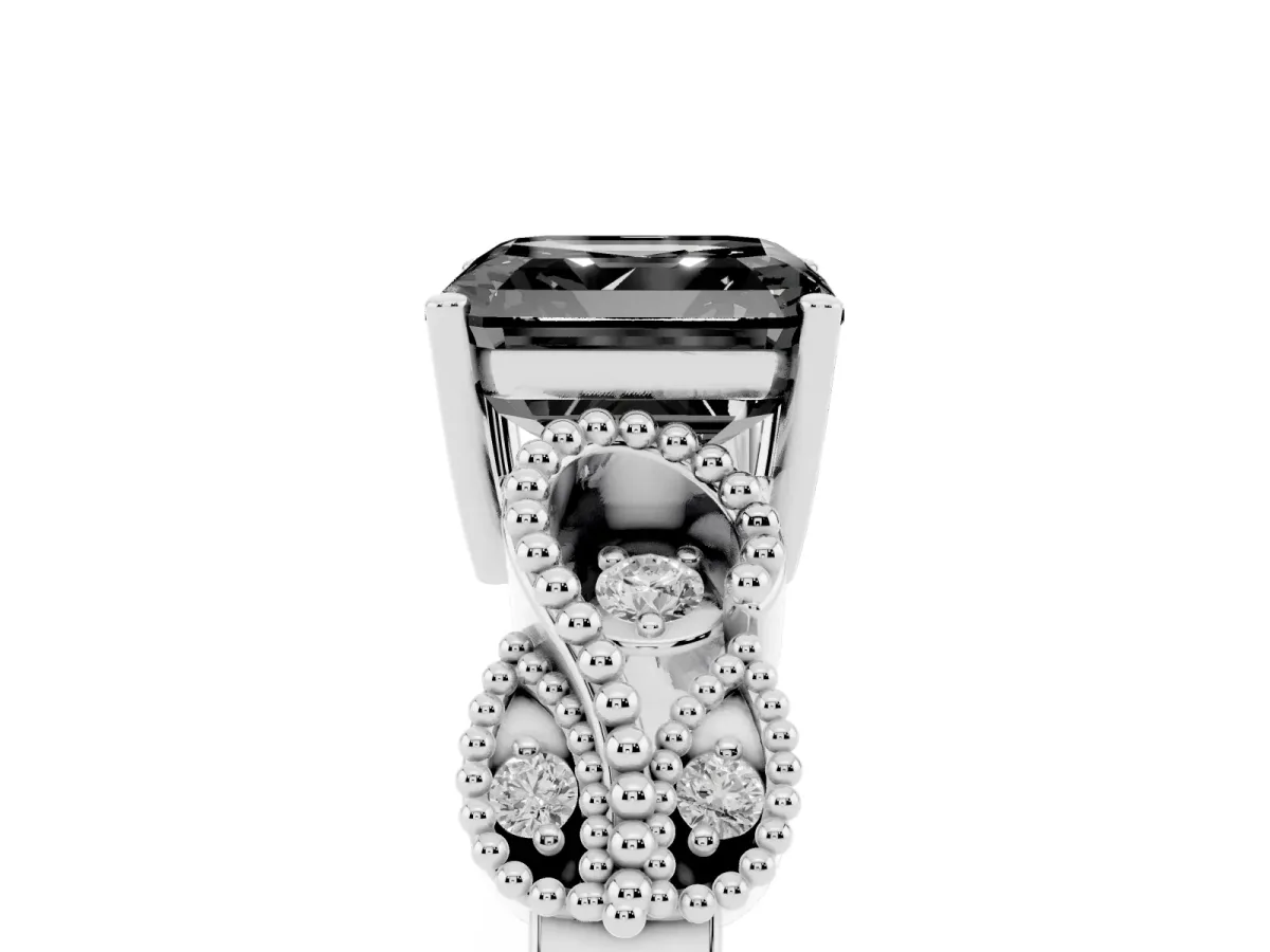 Fancy Black Asscher Cut Solitaire Milgrain Leaf Band with Prong Setting White gold