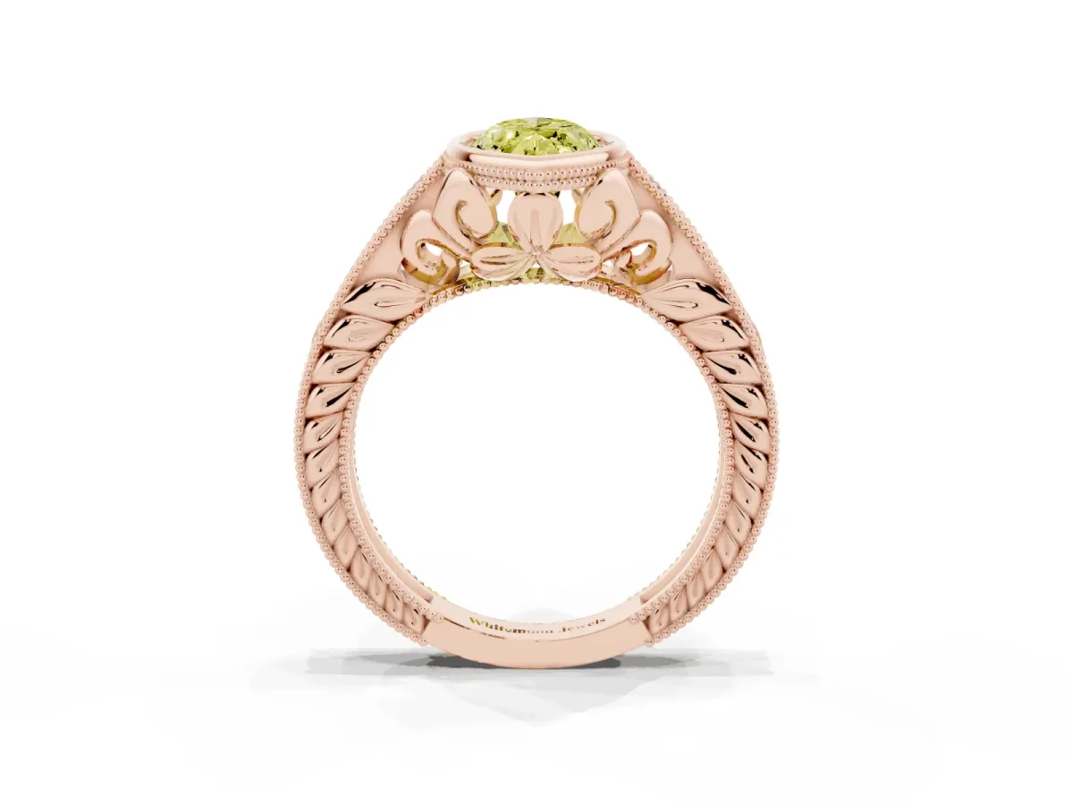 Fancy Yellow Bezel Set Marquise Cut Diamond Milgrain Pave Engagement Ring Rose gold