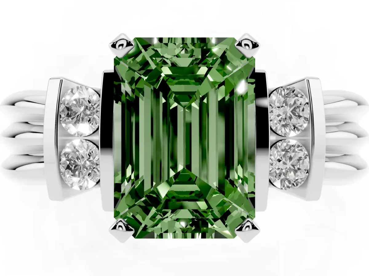 Fancy Green Emerald Cut Cut Three-Stone Channel Set Ring with Bar Prongs Silver