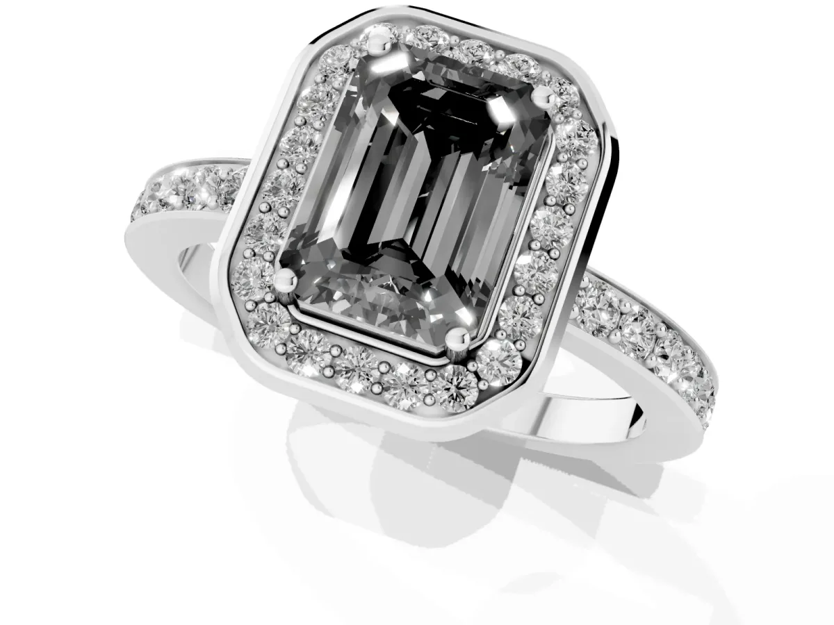 Fancy Black Emerald Cut Diamond Halo Ring with Bezel Frame and Pavé Band Silver