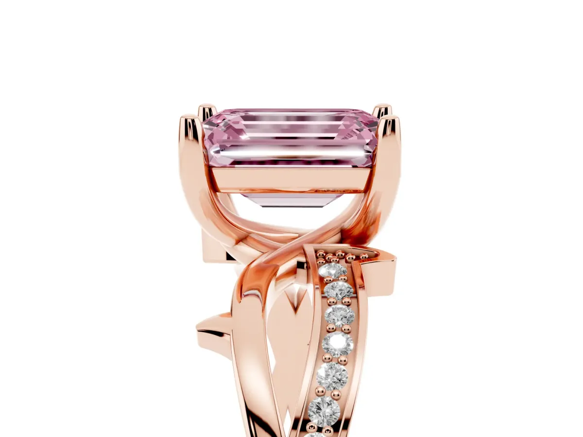 Fancy Pink Emerald Cut Solitaire Twist Band with Pavé Accents and Four-Prong Setting Rose gold