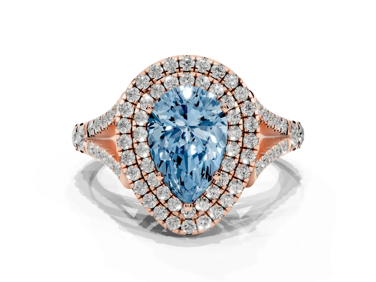 Fancy Blue Double Halo Pear Cut Diamond Split Shank Engagement Ring with Four-Prong Setting Rose gold