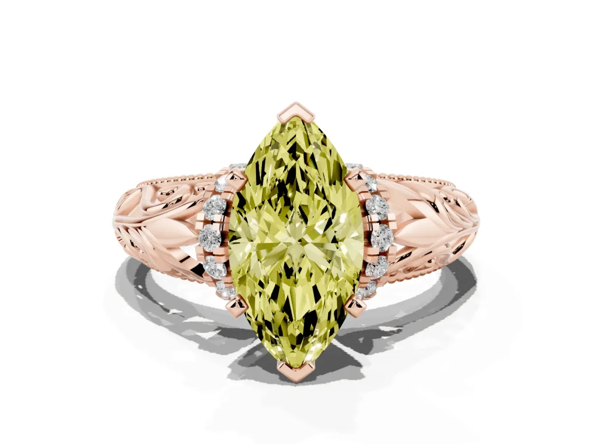 Fancy Yellow Marquise Cut Solitaire Filigree Engagement Ring with Halo and Prong Setting Rose gold