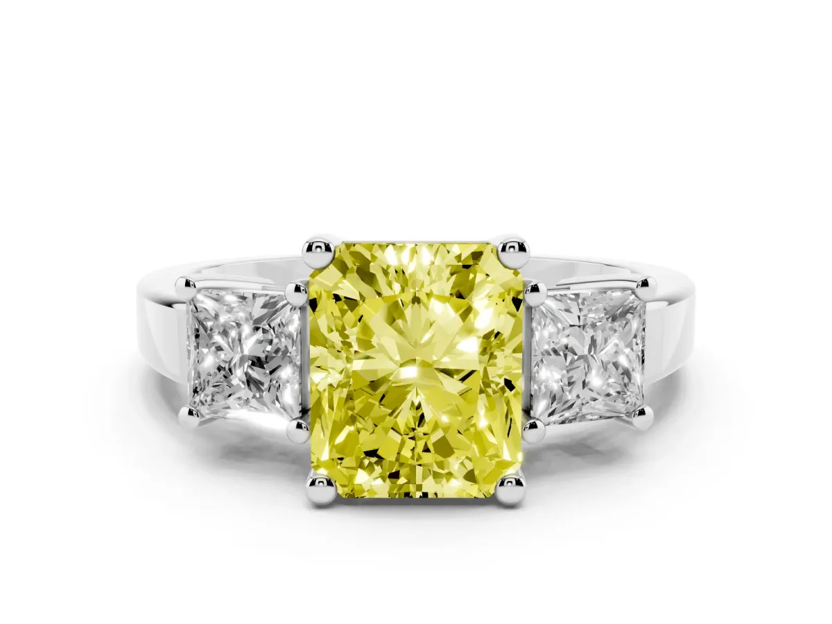 Fancy Yellow Three-Stone Radiant Cut Cut Solitaire Ring with Prong Setting Silver
