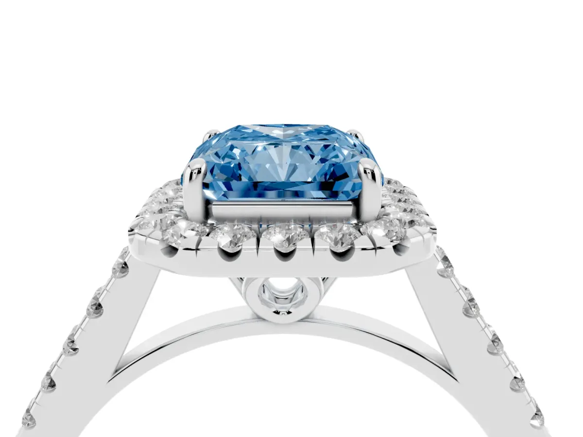 Fancy Blue Radiant Cut Halo Pavé Diamond Engagement Ring with Four-Prong Setting Silver