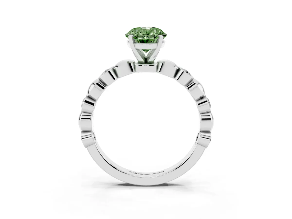 Fancy Green Oval Cut Solitaire Bezel-Set Diamond Ring with Beaded Band and Four-Prong Setting Silver