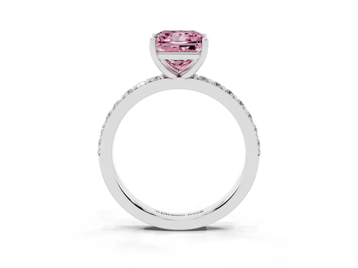 Fancy Pink Princess Cut Cut Diamond Solitaire with Pave Band and Four-Prong Setting Silver