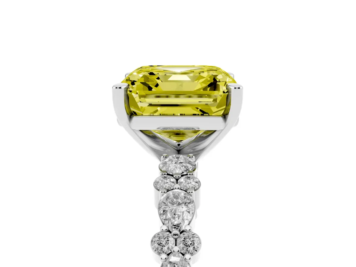 Fancy Yellow Asscher Cut Diamond Side Stone Solitaire Ring with Round and Four-Prong Setting Platinum