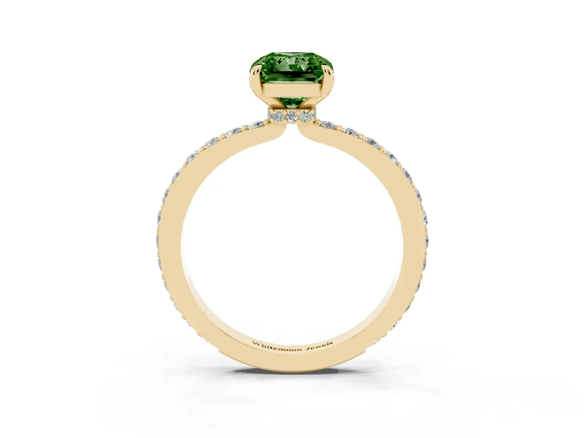 Fancy Green Radiant Cut Diamond Pavé Engagement Ring with Round Accents and Prong Setting Yellow gold