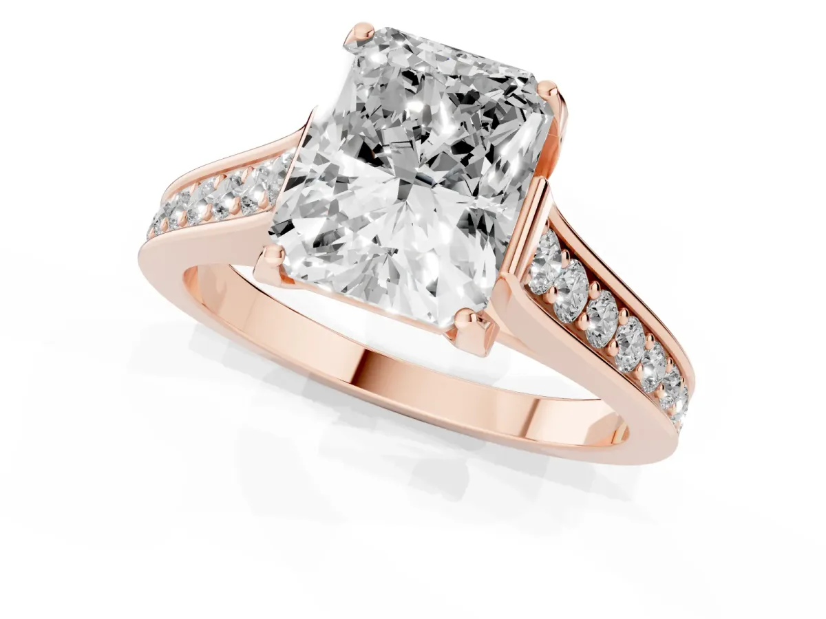 Radiant Cut Brilliant Cut Diamond Engagement Ring with Pavé Band and Four-Prong Setting Rose gold