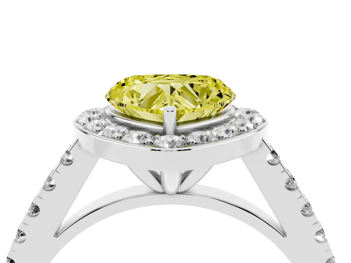 Fancy Yellow Heart Cut Diamond Halo Ring with Round Pavé Split Shank and Prong Setting Silver