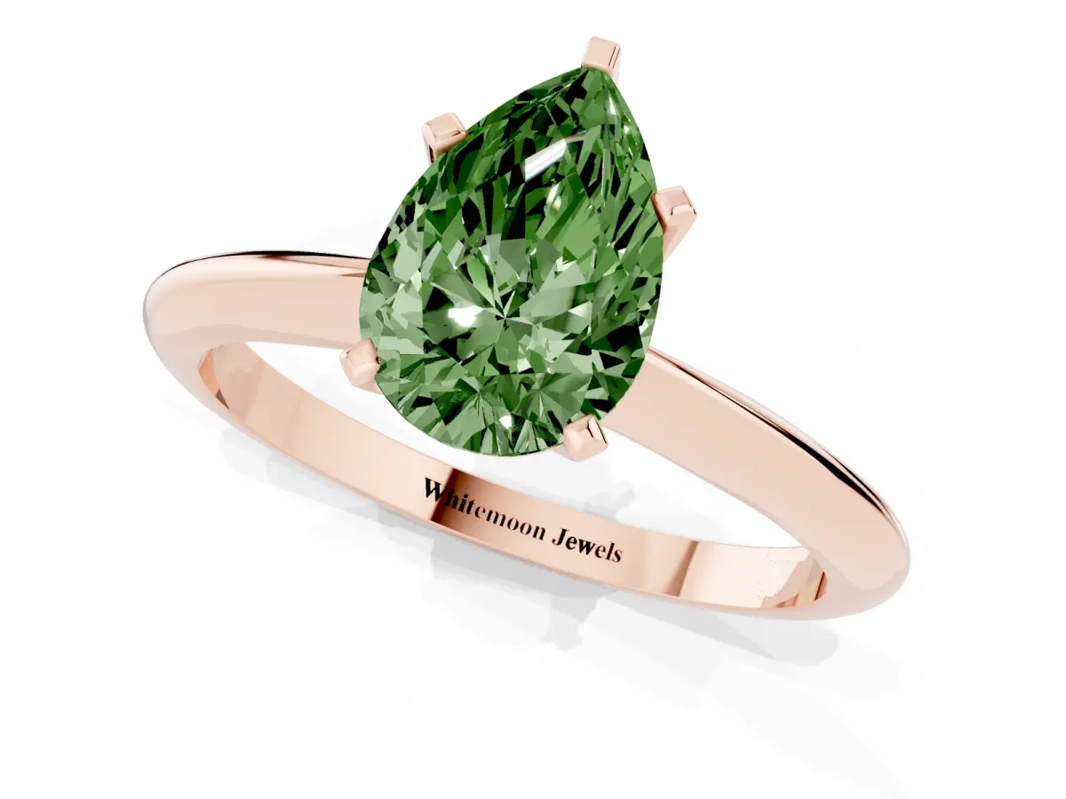 Fancy Green Pear Cut Cut Solitaire Ring with Four-Prong Setting on a Classic Band Rose gold