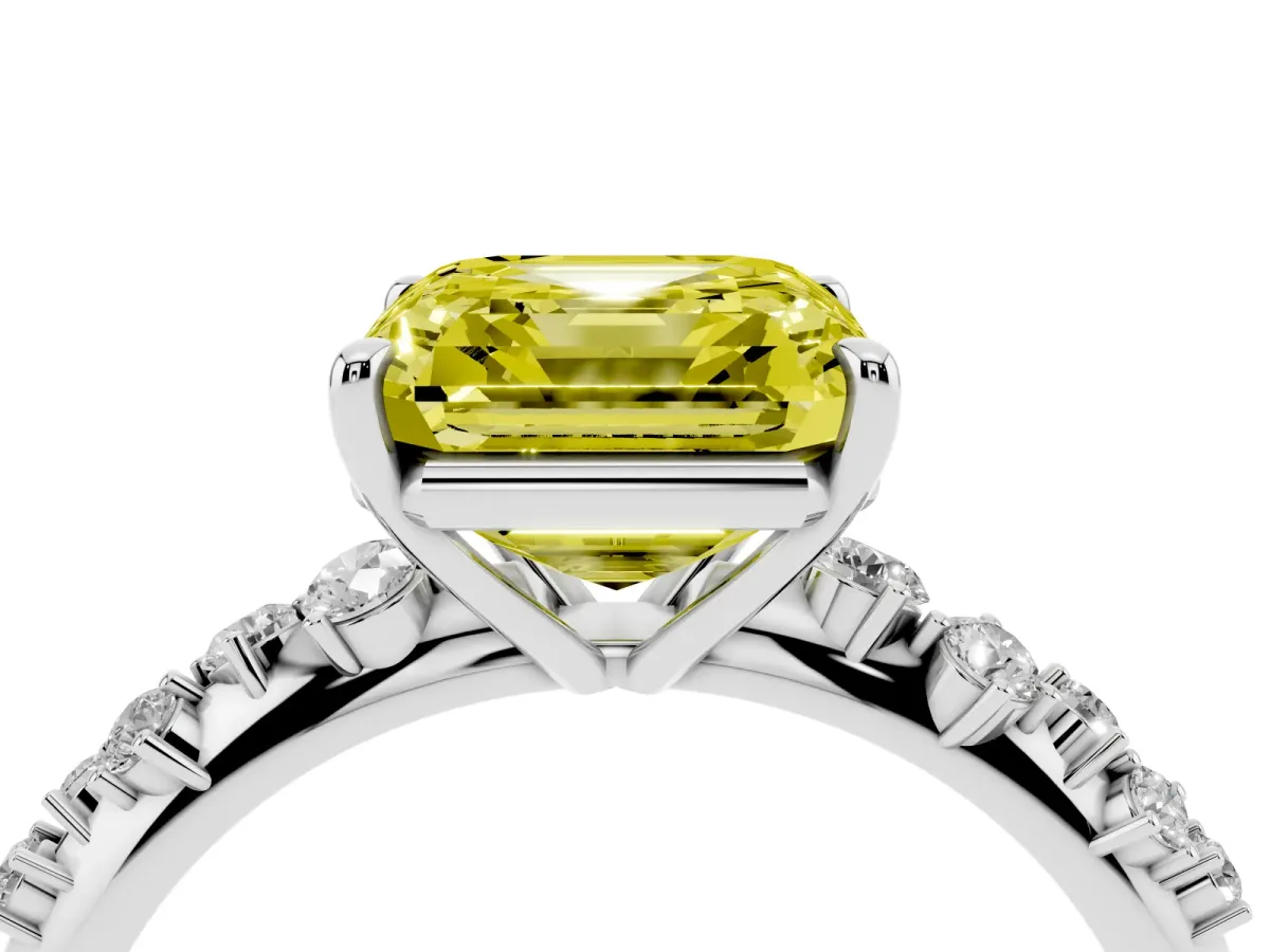 Fancy Yellow Asscher Cut Diamond Cluster Side Stone Solitaire Ring with Prong Setting Platinum