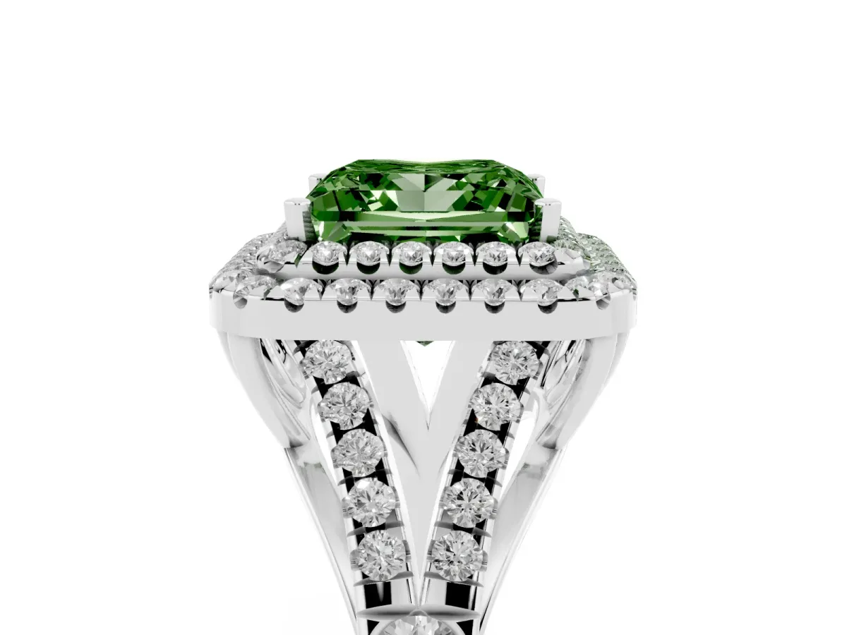 Fancy Green Double Halo Princess Cut Diamond Split Shank Engagement Ring with Four-Prong Setting Silver